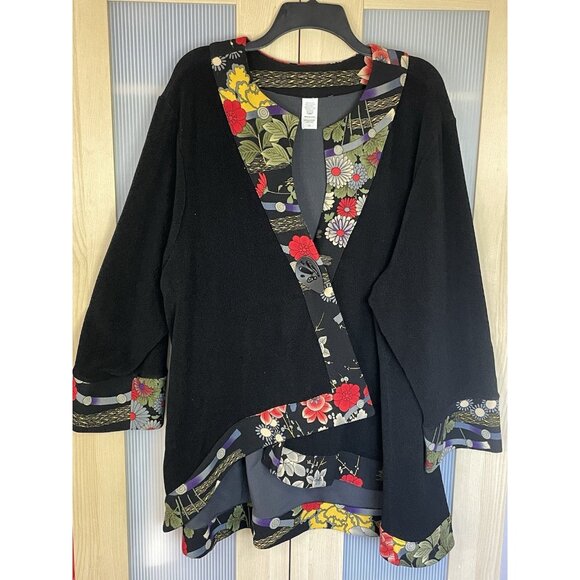 Art Kimono Jacket Women’s XL Black Floral 3/4 Sleeve Designer Boho Travel Party - Picture 1 of 4